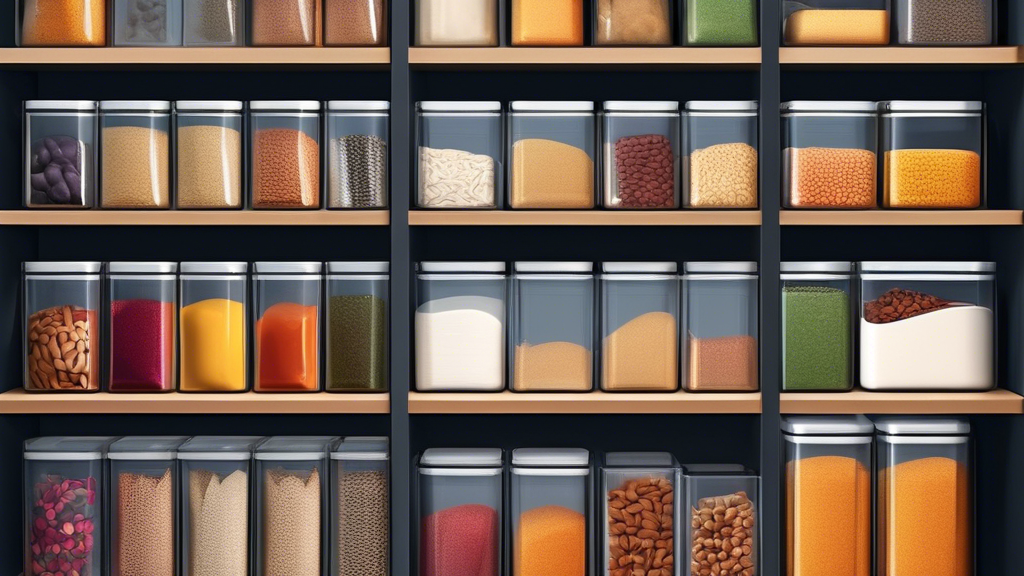 An image of a neatly organized kitchen pantry shelves filled with various smart storage containers labeled for different food items such as grains, spices, nuts, and dried fruits. The containers are transparent, stackable, and stylishly designed for 