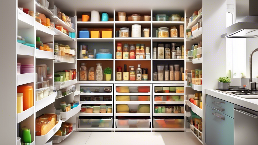 Create an image of a small kitchen pantry with clever storage solutions to maximize space, such as pull-out shelves, stackable bins, hanging racks, and labeled containers. Show a variety of items neatly organized, utilizing every inch of available sp