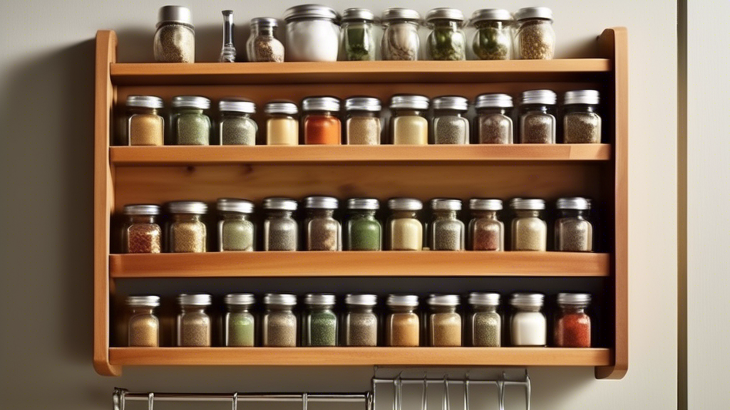 Create an image of a small, neatly organized kitchen with a compact spice rack featuring a variety of spices and herbs in small containers. Showcase how the spice rack is cleverly designed to save space, making it perfect for a small kitchen setting.