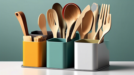 Create an image of a stylish and functional custom utensil holder with compartments designed to optimize organization and efficiency in the kitchen. Showcase various utensils neatly arranged in separate compartments within the holder, highlighting th