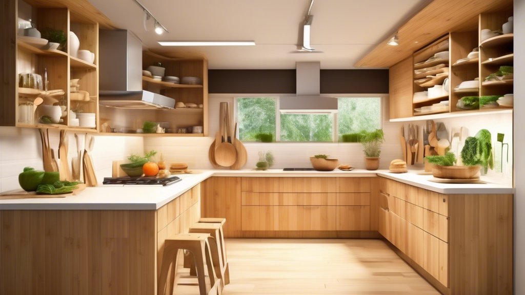 Design a kitchen scene where all the utensils, gadgets, and appliances are made from eco-friendly materials like bamboo, recycled plastic, and stainless steel. Show a variety of items such as cutting boards, measuring cups, spatulas, and containers t