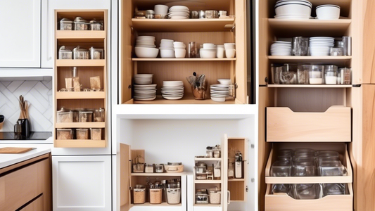 Create an image of a kitchen cabinet that is neatly organized with various clever organization hacks, such as pull-out shelves, hanging racks, labeled containers, and stackable organizers. Show how these hacks can maximize storage space and make it e