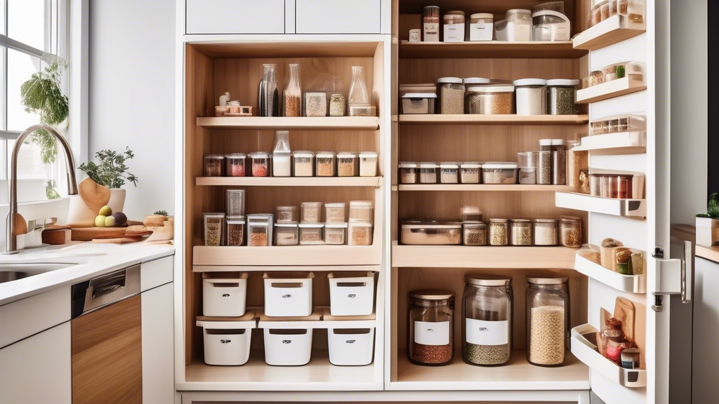 Create an image of a beautifully organized kitchen pantry featuring innovative storage solutions such as pull-out racks, lazy susans, clear containers, and labeled bins, showcasing a clutter-free and tidy home environment.