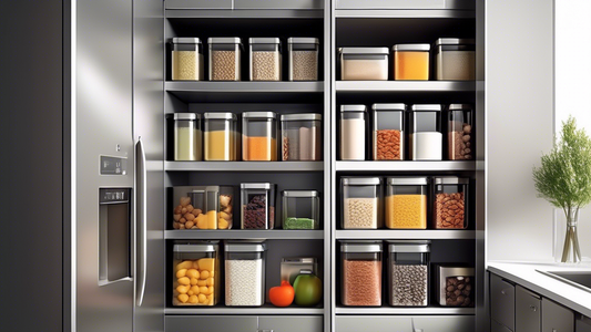 Create an image of a modern kitchen pantry filled with sleek stainless steel storage containers, beautifully organized and labeled with different food items. The containers should be shining and well-designed, showcasing a variety of shapes and sizes
