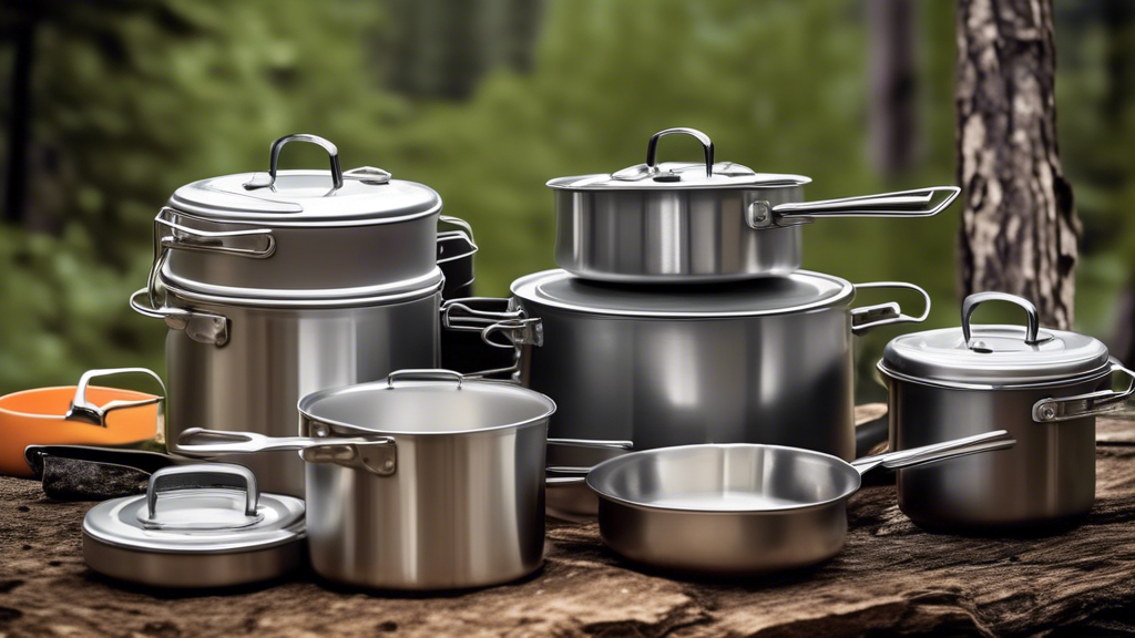 Create an image of a compact and portable camping cookware set made of sleek and durable stainless steel, with pots, pans, and utensils neatly stacked or laid out against a rustic camping backdrop. The image should convey the high quality, lightweigh