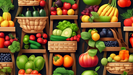 Create an image of a tiered fruit and vegetable basket, showcasing various types of fruits and vegetables organized neatly on each tier. The image should emphasize the concept of organization and storage efficiency, with a focus on the practicality a