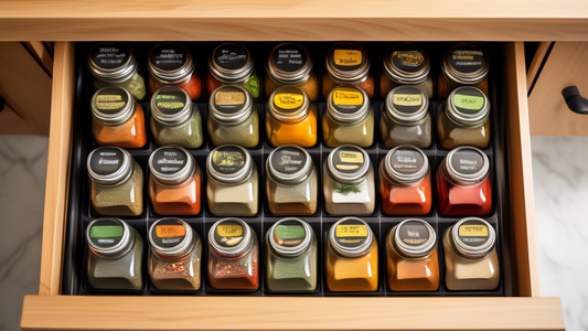 Create an image of a well-organized spice drawer with a compact insert, showcasing neatly displayed jars of various spices and herbs, each labeled and easily accessible. The insert should efficiently utilize the space in the drawer, presenting a visu