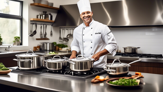 Create an image of a professional chef in a modern kitchen, showcasing a variety of stainless steel cookware sets neatly arranged on a kitchen counter. The chef is smiling and confidently preparing a gourmet meal, highlighting the advantages of using