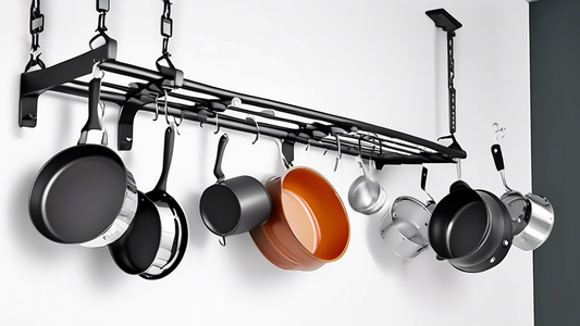 Create an image showing a detailed and visually appealing guide to using and installing an adjustable wall-mounted pot rack. Include step-by-step instructions, different configurations, and the rack's features prominently displayed.
