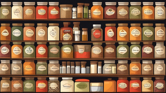 Create an image of a neatly organized spice rack for home cooks, showcasing various spices grouped by cuisine type (e.g. Indian, Italian, Mexican) with each spice labeled clearly. The spices should be arranged in a visually appealing and functional w