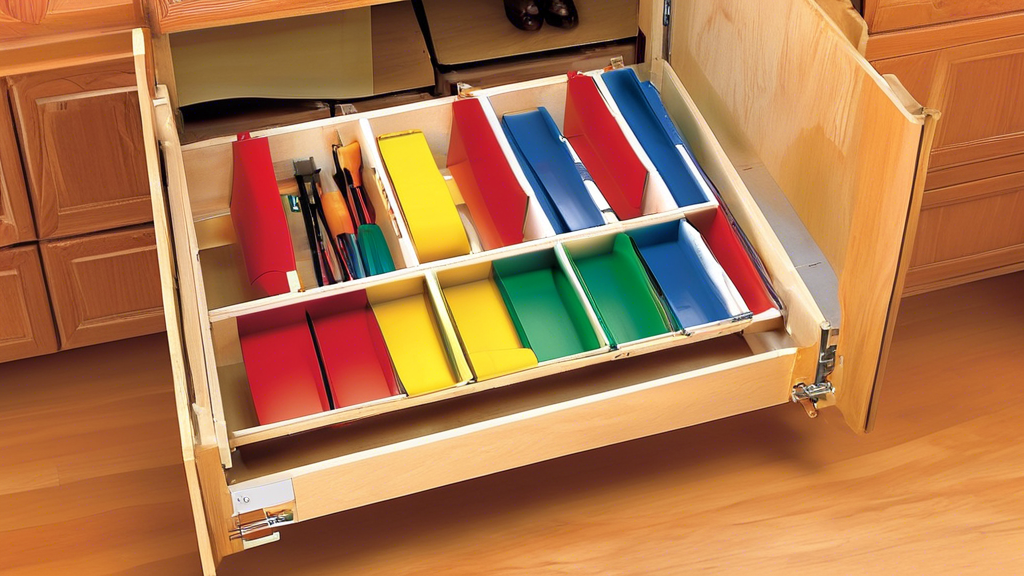 Create an image of a step-by-step guide for installing roll-out cabinet organizers. Each step should be clearly illustrated with instructions to make it easy to follow for beginners. The image should showcase the tools needed as well as the process o