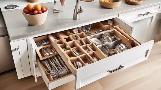 Create an image of a spacious and organized kitchen cabinet filled with a variety of handy gadgets designed to maximize storage space. Show innovative storage solutions such as adjustable shelving, stackable organizers, pull-out drawers, and hooks fo