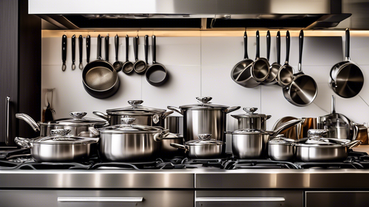 Create an image of a high-end stainless steel cookware set displayed in a professional kitchen setting, with a variety of pots and pans neatly arranged on a gleaming countertop, ready to be used by a professional chef. The cookware should appear slee