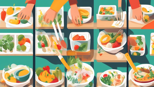 Create an illustration of a busy individual effortlessly preparing multiple colorful and balanced meals for the week ahead. Show them organizing their ingredients, cooking utensils, and different recipes on a calendar to showcase a practical meal pre