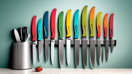 Create an image of a small kitchen with innovative space-saving knife storage solutions in use. Show a variety of creative ways to store knives in a compact kitchen, such as magnetic strips, built-in knife blocks, or hanging racks, to inspire readers
