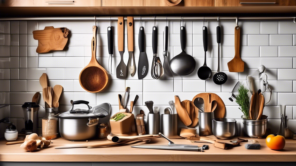 Create an image of a cluttered kitchen counter filled with traditional single-use kitchen gadgets and tools. Then, show a sleek, modern multifunctional kitchen gadget that combines the functionality of several traditional tools into one efficient dev