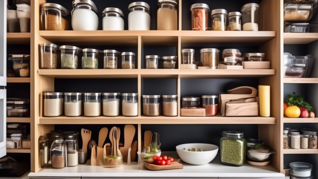 Create an image of a beautifully organized kitchen pantry filled with essential meal prep tools such as cutting boards, measuring cups, mixing bowls, food storage containers, and a variety of cooking utensils neatly arranged on shelves and hangers. T