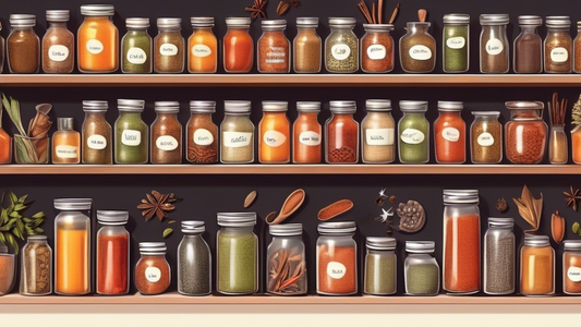 Create an image of a beautifully organized spice rack with an assortment of jars and containers featuring various spices neatly arranged in a kitchen setting. Display different labels, colors, and sizes to showcase a range of spice organization ideas