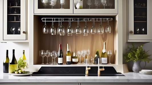 Create an image of a beautifully organized kitchen cabinet where stemware is neatly arranged using an under-cabinet rack. The image should showcase a variety of wine glasses and champagne flutes hanging securely and elegantly above the counter space.