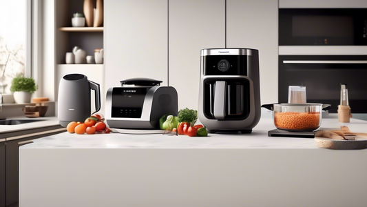 Create an image of a modern, sleek kitchen with a variety of efficient kitchen appliances designed to make cooking quick and easy for busy home cooks. Include appliances such as a high-tech blender, a multi-function pressure cooker, a smart air fryer