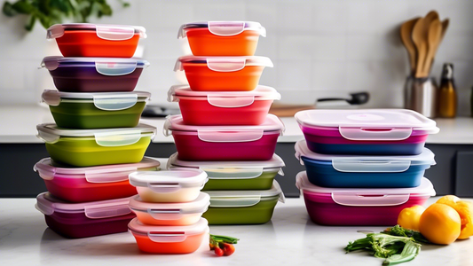 An image of a kitchen counter with various sizes of collapsible silicone food storage containers neatly stacked inside each other, showcasing their compact and convenient design. The containers could be colorful and labeled with different food items 