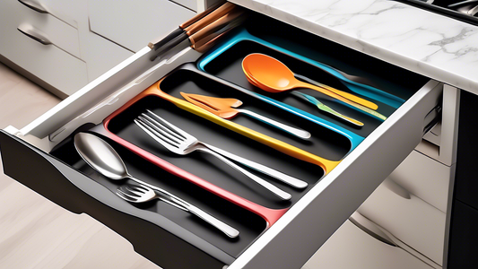 Create an image of a modern kitchen drawer with an expandable cutlery tray insert, showcasing its sleek design and functionality in organizing various utensils and cutlery items neatly. The image should highlight the convenience and efficiency of usi