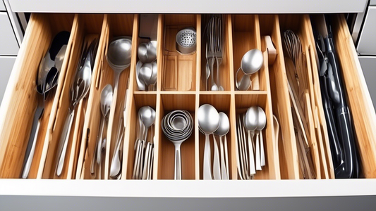 Create an image of a perfectly organized kitchen drawer with bamboo utensil dividers, showcasing the efficient and stylish solution for keeping kitchen utensils in order and easily accessible. The image should highlight the neat arrangement of differ