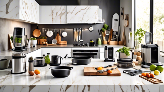 Create an image of a modern and organized kitchen space with a variety of innovative kitchen gadgets displayed on the countertop, each designed to streamline and expedite the clean-up process after cooking. Include gadgets such as a self-cleaning ble