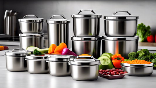 Create an image of a variety of stainless steel food storage containers, neatly displayed on a kitchen countertop with fresh ingredients and cooking utensils around them, showcasing their sleek design and durability.