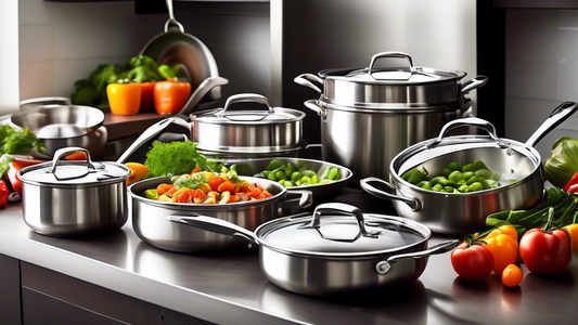 Create an image of a variety of stainless steel cookware in a kitchen setting, such as pots, pans, and utensils. The cookware should be displayed in a clean and organized manner, showcasing the different sizes and shapes available. Include vibrant an
