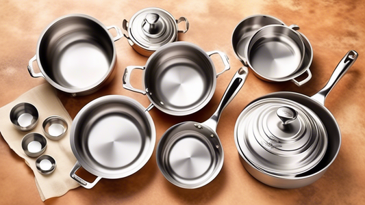 Create an image of a high-quality stainless steel cookware set showcasing its rust-resistant properties. The set should include pots, pans, and lids gleaming with a long-lasting, durable finish, displaying elegance and functionality. The cookware sho