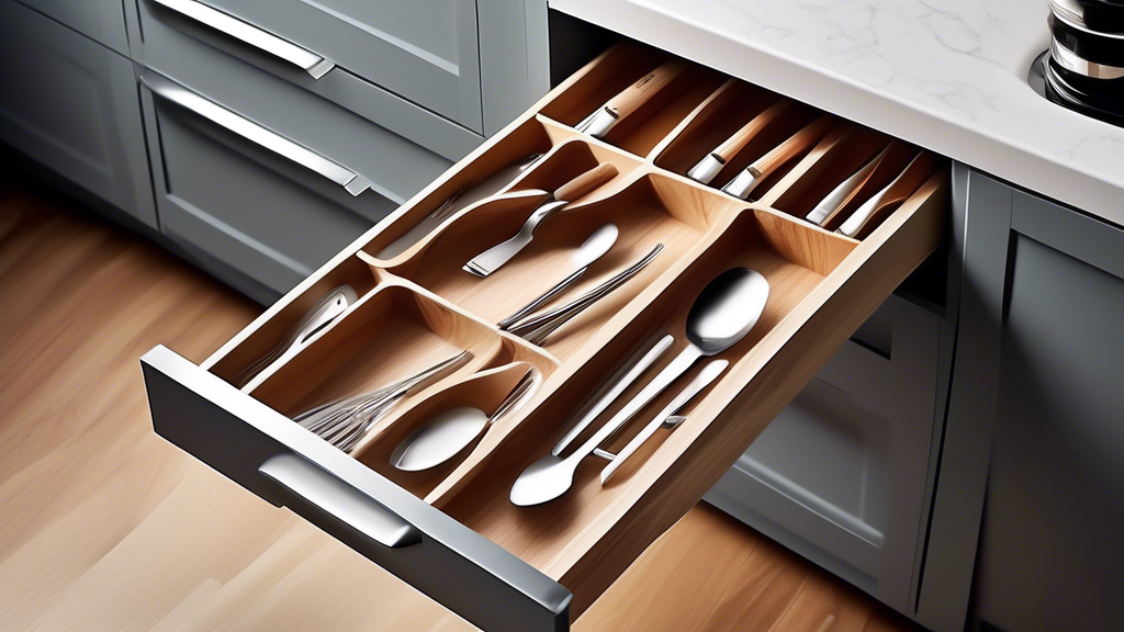 Create an image of a sleek and modern kitchen drawer with an expandable cutlery tray insert that seamlessly organizes various types of utensils and kitchen tools. The tray should showcase versatility in design, with adjustable compartments to accommo