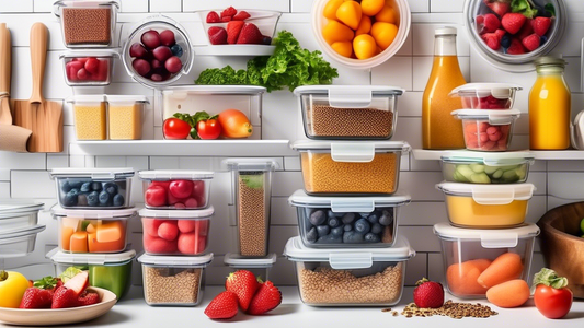 Create an image of a clutter-free kitchen countertop with various meal prep containers neatly stacked and filled with colorful fruits, vegetables, and grains. Include an assortment of kitchen tools like measuring cups, spoons, knives, and cutting boa