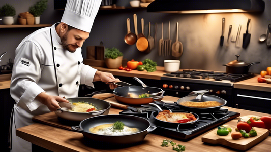 Create an image of a chef in a bustling kitchen, surrounded by an array of versatile cookware such as a cast iron skillet, a non-stick frying pan, a ceramic baking dish, and a stainless steel saucepan. Show the chef effortlessly moving between each p
