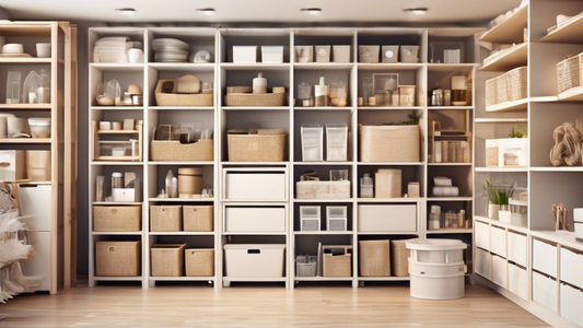 Create an image of a diverse array of storage solutions, including shelves, bins, baskets, drawers, and organizers, neatly arranged in a room. Each storage solution should be labeled with its function to showcase the variety and versatility of storag