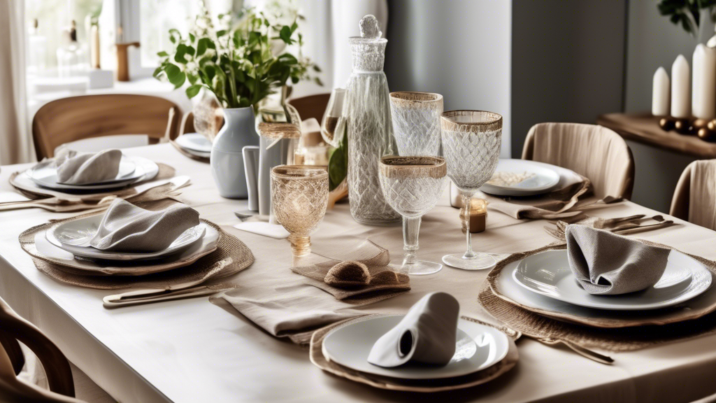 Create an image of a beautifully set dining table with essential kitchen accessories for entertaining at home. Include items such as elegant tableware, glassware, cutlery, serving dishes, decorative centerpieces, and linen napkins to showcase a perfe