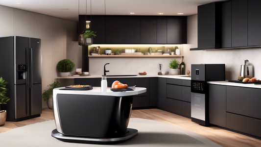 Create an image of a modern kitchen with 5 sleek and futuristic multi-functional kitchen appliances that combine cutting-edge technology and sleek design. The appliances should include a smart coffee maker, a versatile air fryer, a multi-cooker with 