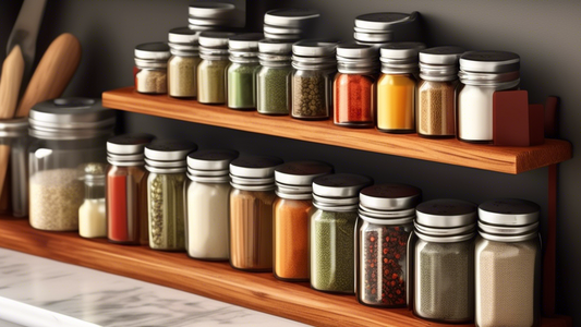 Create an image of a neatly organized spice rack on a kitchen countertop, showcasing the 5 essential spice organization tools mentioned in the article. The spice rack should be visually appealing and well-labeled, with each tool highlighted for easy 