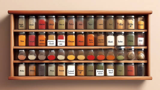 Create an image of a beautifully organized spice rack with labels for each spice and clever hacks to keep everything tidy and easily accessible. Include a variety of different sized containers, labels, and organizing tools to showcase the diverse way