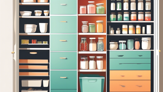 Image: A well-organized kitchen pantry with labeled containers, pull-out drawers, and hanging racks to showcase clever storage solutions for maximizing space and ease of access.