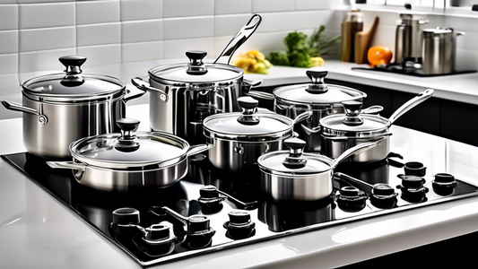 Create an image of a modern kitchen stovetop with a variety of stainless steel cookware sets with glass lids neatly arranged on the counter. The cookware should be gleaming and of high quality, showcasing different sizes of pots and pans with transpa