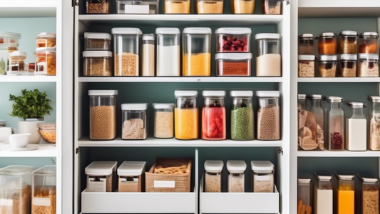 Create an image of a small pantry space optimized for organization, with clever storage solutions, labeled containers, and efficient shelving systems in place to maximize space and make items easily accessible.