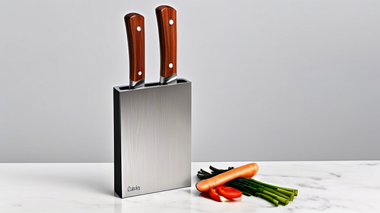 Create an image of a modern, sleek kitchen knife block specifically designed for Asian cooking knives. The knife block should feature separate slots for various types of Asian cooking knives, such as a santoku knife, nakiri knife, and deba knife, ens