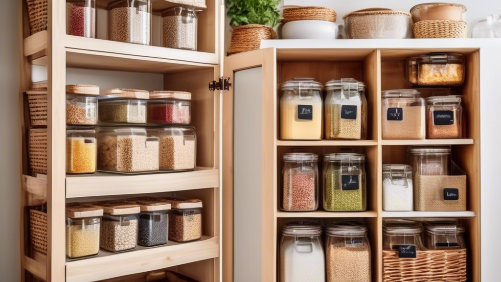 Create an image showing a variety of beautifully organized pantry storage containers, neatly labeled and arranged in a kitchen setting. Include a mix of clear glass jars, wicker baskets, wooden crates, and colorful bins to inspire others to declutter