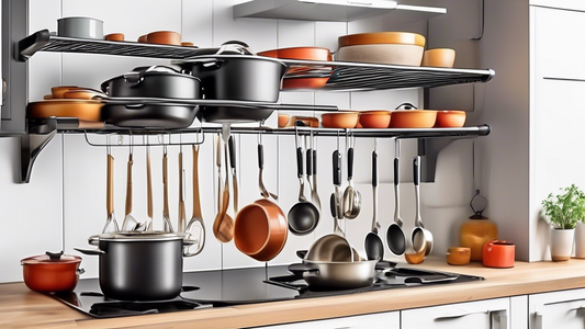 Create an image of a kitchen with a neatly organized and optimized space-saving solution for storing pots and pans. Show a stackable pot and pan storage rack system that efficiently maximizes storage space in a small kitchen. Display a variety of dif