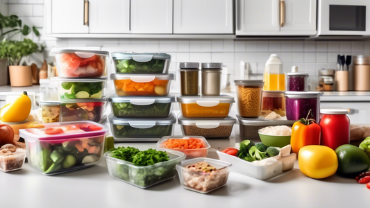 Create an image of a busy kitchen counter with various fresh ingredients neatly organized in containers, accompanied by labeled storage bags and a stack of prepped meals. The scene should convey a sense of organization, efficiency, and ease of meal p