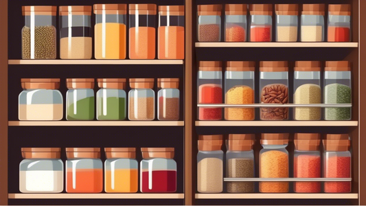Create an image of a modern kitchen pantry with stackable spice racks neatly organized to showcase easy and efficient kitchen pantry organization. The spice racks should be sleek, functional, and visually appealing, enhancing the overall aesthetic of