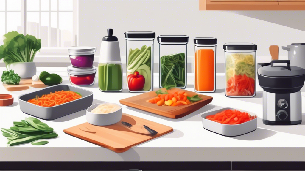 Create an image of a sleek, organized kitchen counter with various meal prep containers neatly arranged and filled with prepped ingredients. Include a cutting board with freshly chopped vegetables, a pot simmering on the stove, and a timer in the bac