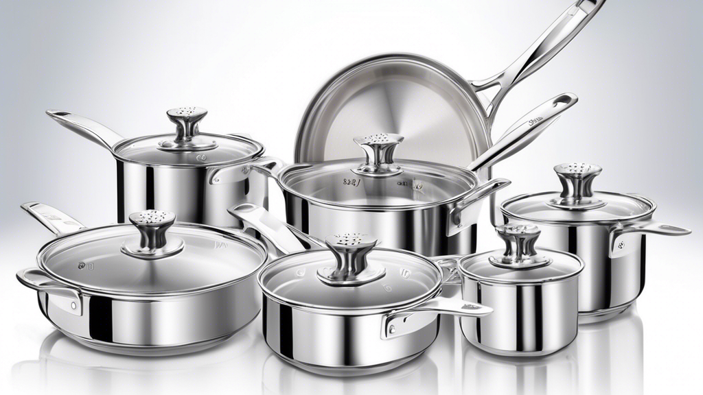 Create an image of a high-quality stainless steel cookware set with measurement markings etched or engraved on the inside of each pot and pan for precise cooking and easy meal preparation. The set should include a variety of pots and pans in differen