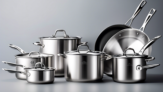 Create an image of a high-quality stainless steel cookware set featuring various pots and pans with a sleek design, accompanied by a prominent warranty logo indicating its durability and long-lasting quality.
